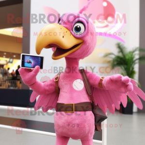 Pink Archeopteryx mascot costume character dressed with a Midi Dress and Smartwatches