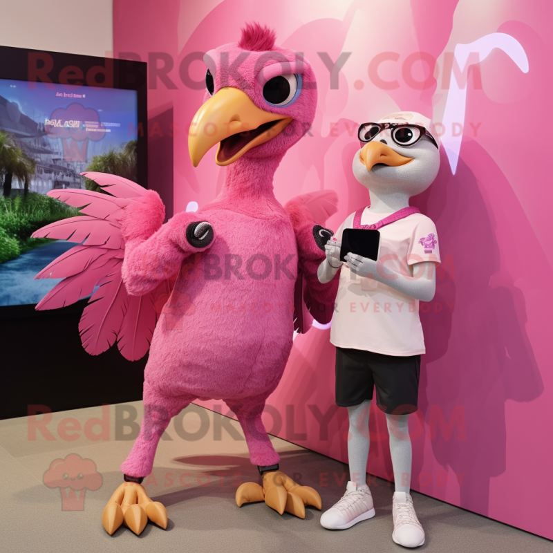 Pink Archeopteryx mascot costume character dressed with a Midi Dress and Smartwatches Pink Archeopteryx mascot costume character dressed with a Midi Dress and Smartwatches