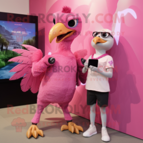 Pink Archeopteryx mascot costume character dressed with a Midi Dress and Smartwatches