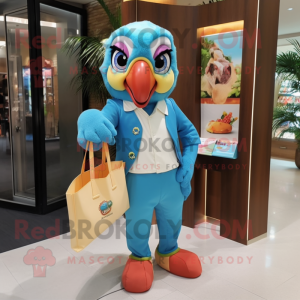 Peach Macaw mascot costume character dressed with a Suit Pants and Tote bags