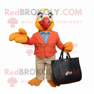 Peach Macaw mascot costume character dressed with a Suit Pants and Tote bags