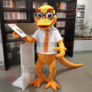 Orange Geckos mascot costume character dressed with a Dress Shirt and Reading glasses