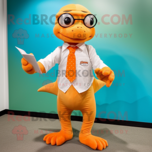 Orange Geckos mascot costume character dressed with a Dress Shirt and Reading glasses