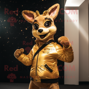 Gold Deer mascot costume character dressed with a Moto Jacket and Scarf clips
