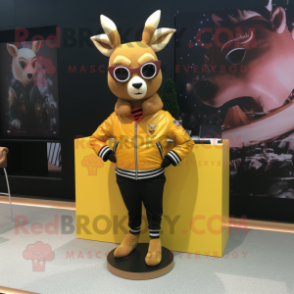 Gold Deer mascot costume character dressed with a Moto Jacket and Scarf clips