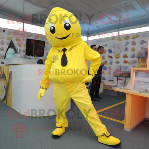Lemon Yellow Para Commando mascot costume character dressed with a Suit Pants and Shoe clips