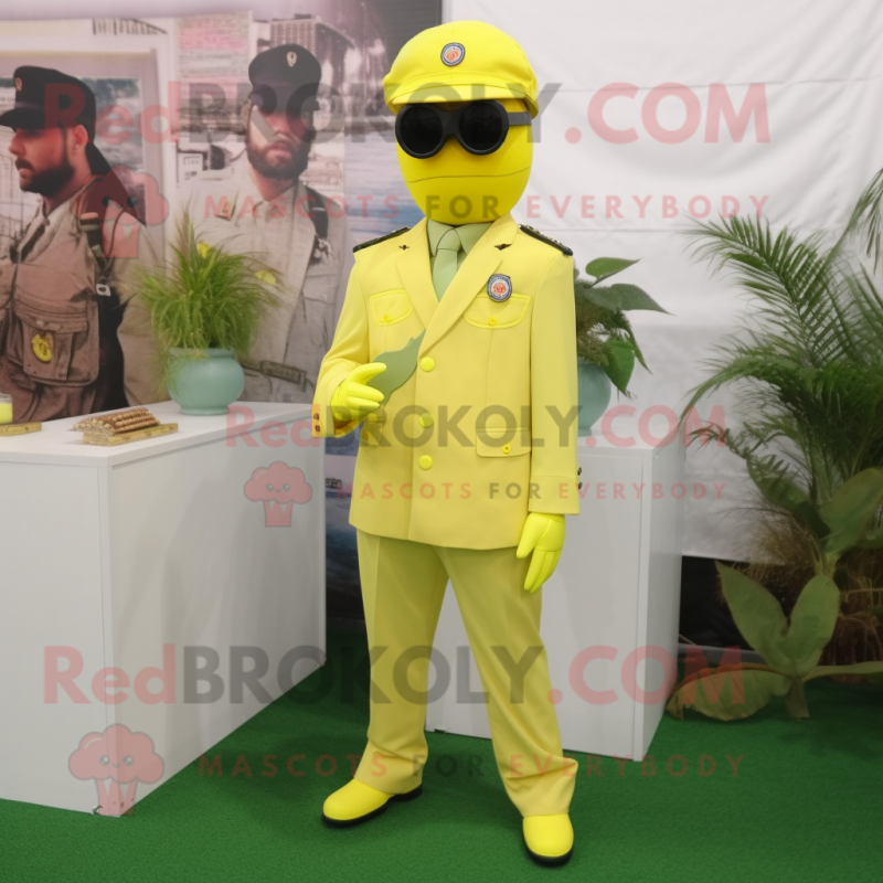 Lemon Yellow Para Commando mascot costume character dressed with a Suit Pants and Shoe clips