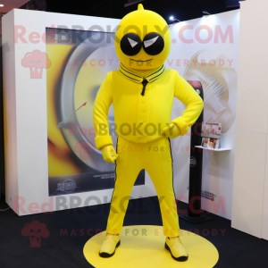 Lemon Yellow Para Commando mascot costume character dressed with a Suit Pants and Shoe clips