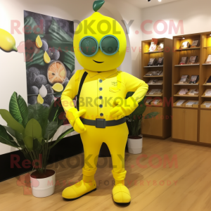Lemon Yellow Para Commando mascot costume character dressed with a Suit Pants and Shoe clips