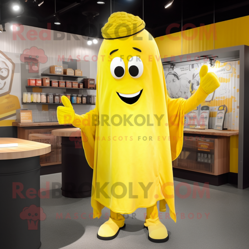 Lemon Yellow Goulash mascot costume character dressed with a V-Neck Tee and Shawl pins