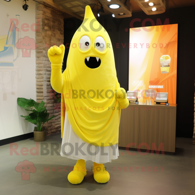 Lemon Yellow Goulash mascot costume character dressed with a V-Neck Tee and Shawl pins Lemon Yellow Goulash mascot costume character dressed with a V-Neck Tee and Shawl pins