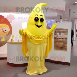 Lemon Yellow Goulash mascot costume character dressed with a V-Neck Tee and Shawl pins