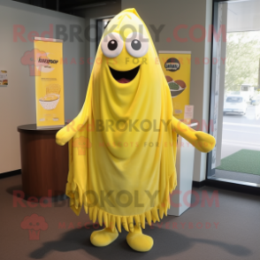 Lemon Yellow Goulash mascot costume character dressed with a V-Neck Tee and Shawl pins