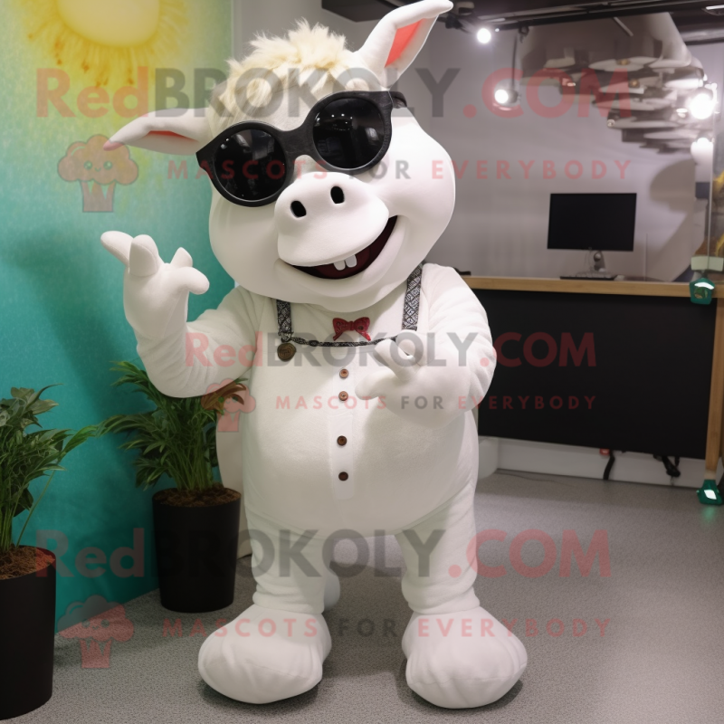 White Cow mascot costume character dressed with a Overalls and Sunglasses White Cow mascot costume character dressed with a Overalls and Sunglasses