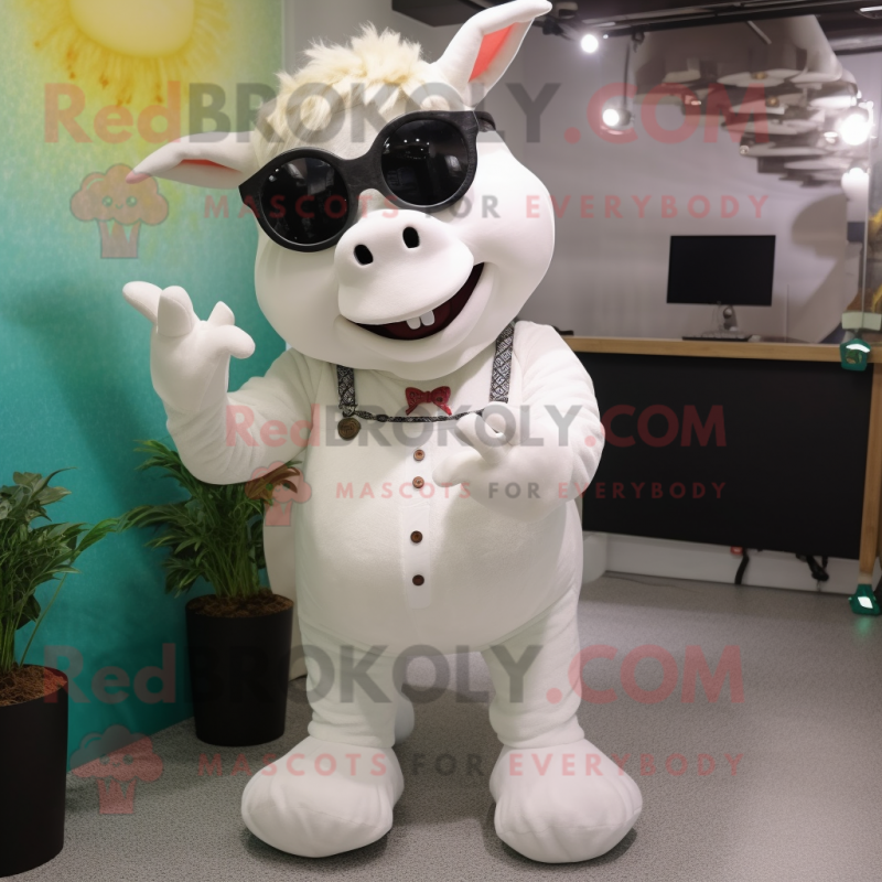 White Cow mascot costume character dressed with a Overalls and Sunglasses