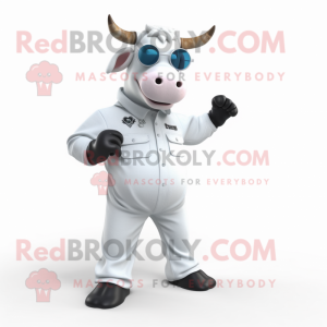 White Cow mascot costume character dressed with a Overalls and Sunglasses