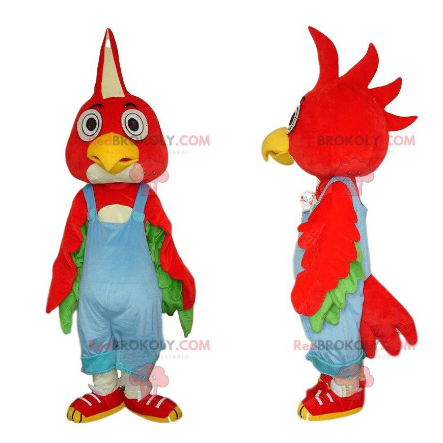 Mascote pássaro vermelho com macacão azul, traje colorido -