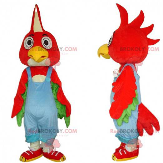 Red bird mascot with blue overalls, colorful costume -