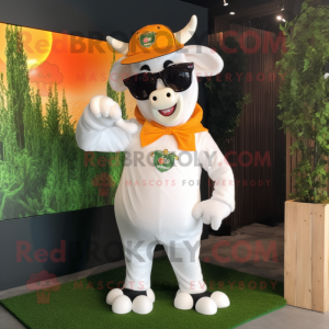 White Cow mascot costume character dressed with a Overalls and Sunglasses