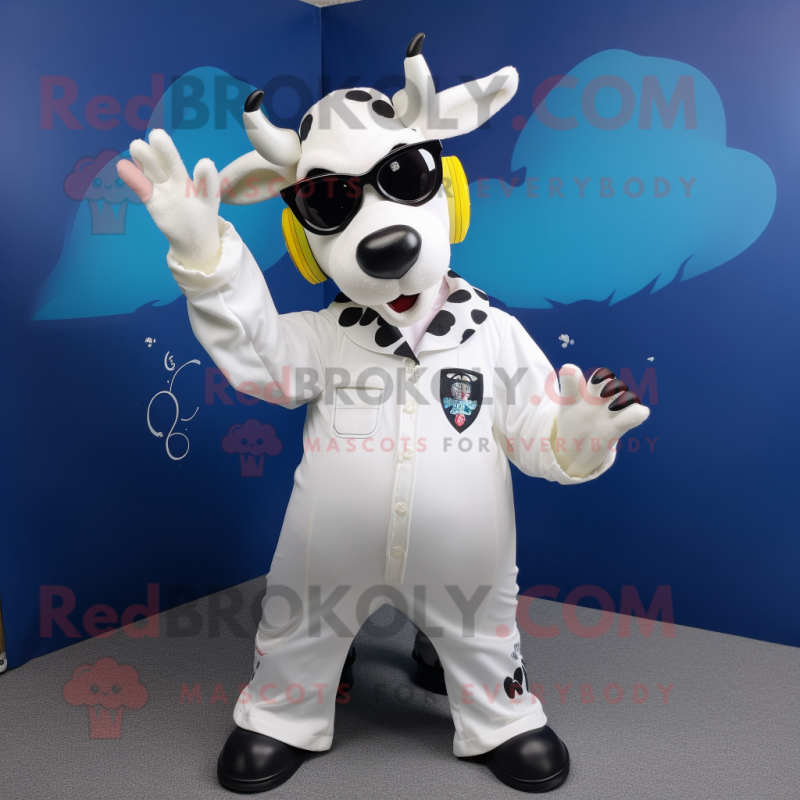 White Cow mascot costume character dressed with a Overalls and Sunglasses