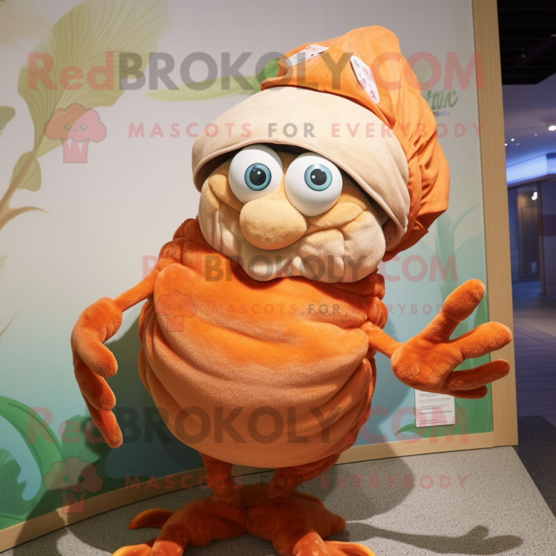 Peach Hermit Crab mascot costume character dressed with a Chinos and Brooches