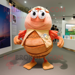 Peach Hermit Crab mascot costume character dressed with a Chinos and Brooches