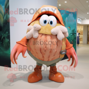 Peach Hermit Crab mascot costume character dressed with a Chinos and Brooches