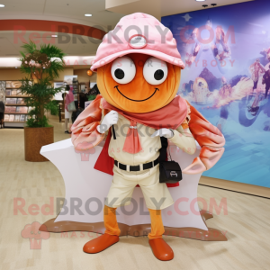 Peach Hermit Crab mascot costume character dressed with a Chinos and Brooches