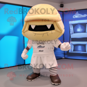 Cream American Football Helmet mascot costume character dressed with a Capri Pants and Foot pads