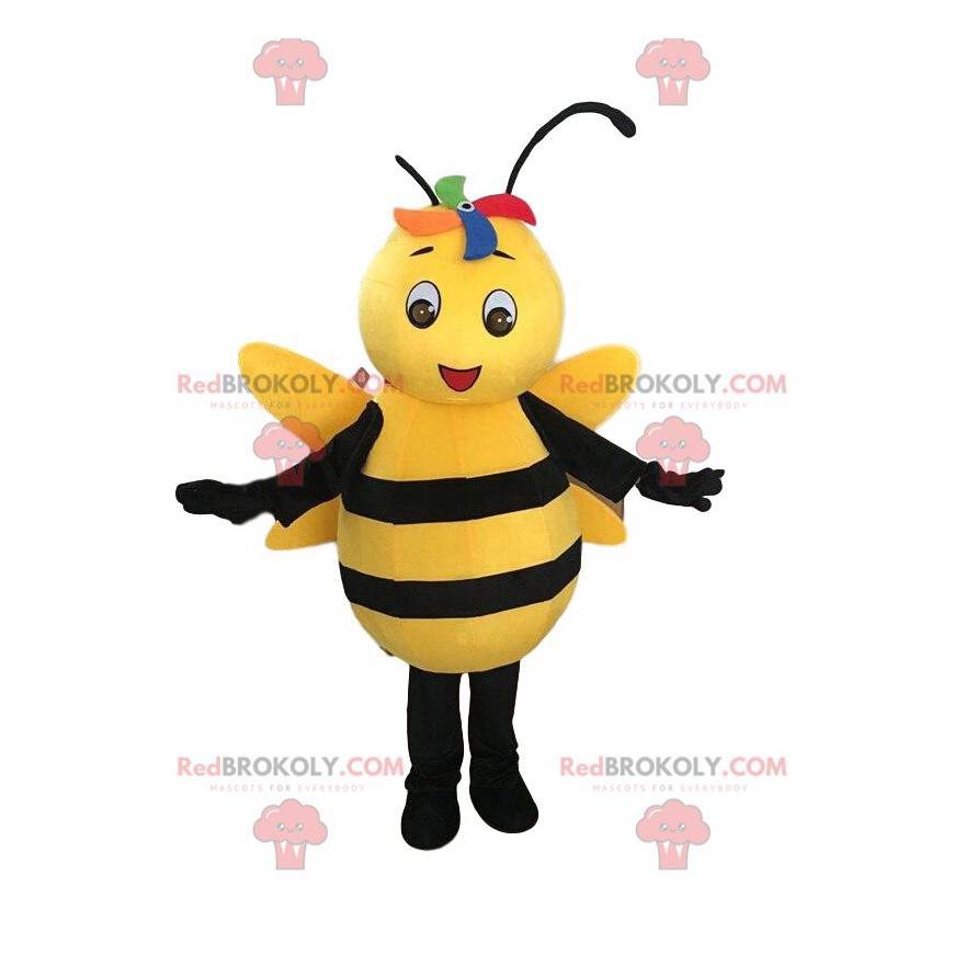 Mascotte ape gialla e nera, costume da vespa sorridente -