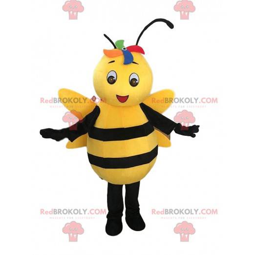 Mascotte d'abeille jaune et noire, costume de guêpe souriante -