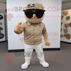 Tan Knife Thrower mascot costume character dressed with a Chinos and Sunglasses