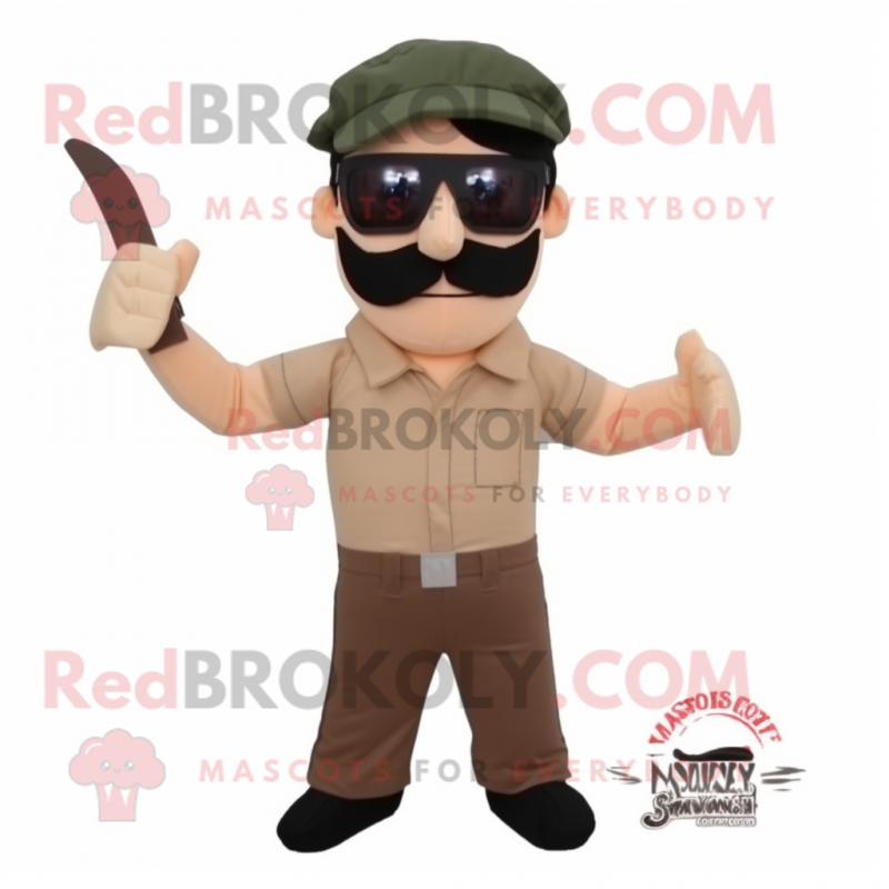Tan Knife Thrower mascot costume character dressed with a Chinos and Sunglasses Tan Knife Thrower mascot costume character dressed with a Chinos and Sunglasses