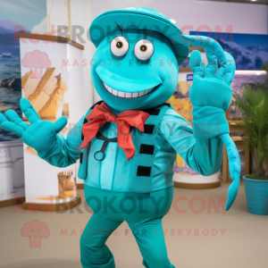 Turquoise Lobster Bisque mascot costume character dressed with a Chinos and Suspenders