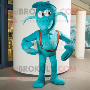 Turquoise Lobster Bisque mascot costume character dressed with a Chinos and Suspenders