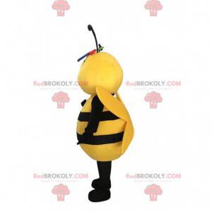 Mascota de abeja amarilla y negra, disfraz de avispa sonriente