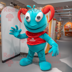 Turquoise Lobster Bisque mascot costume character dressed with a Chinos and Suspenders