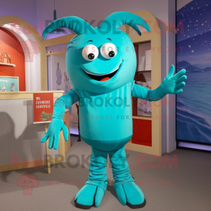 Turquoise Lobster Bisque mascot costume character dressed with a Chinos and Suspenders
