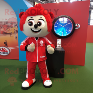 Red Soccer Goal mascot costume character dressed with a Jacket and Bracelet watches