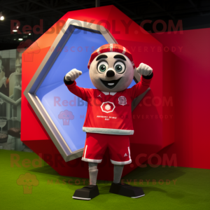 Red Soccer Goal mascot costume character dressed with a Jacket and Bracelet watches