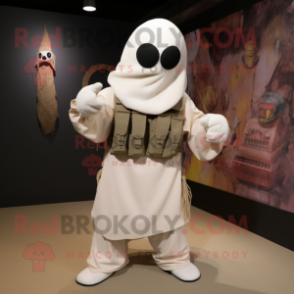 Cream Para Commando mascot costume character dressed with a Jeans and Shawl pins