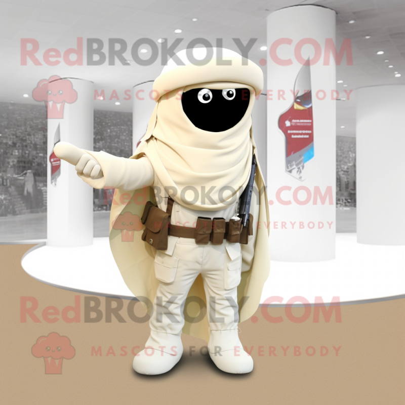 Cream Para Commando mascot costume character dressed with a Jeans and Shawl pins Cream Para Commando mascot costume character dressed with a Jeans and Shawl pins