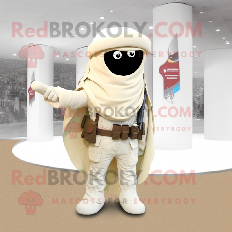 Cream Para Commando mascot costume character dressed with a Jeans and Shawl pins