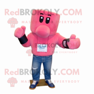 Pink Boxing Glove mascot costume character dressed with a Jeans and Earrings