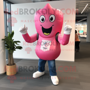 Pink Boxing Glove mascot costume character dressed with a Jeans and Earrings