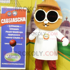 Beige Shakshuka mascot costume character dressed with a Long Sleeve Tee and Eyeglasses