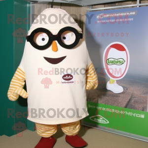 Beige Shakshuka mascot costume character dressed with a Long Sleeve Tee and Eyeglasses