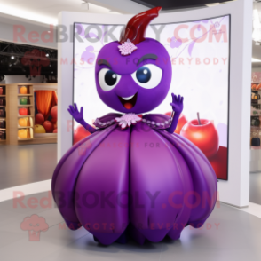 Purple Cherry mascot costume character dressed with a Ball Gown and Handbags