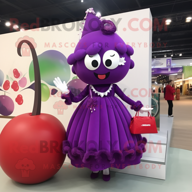 Purple Cherry mascot costume character dressed with a Ball Gown and Handbags Purple Cherry mascot costume character dressed with a Ball Gown and Handbags