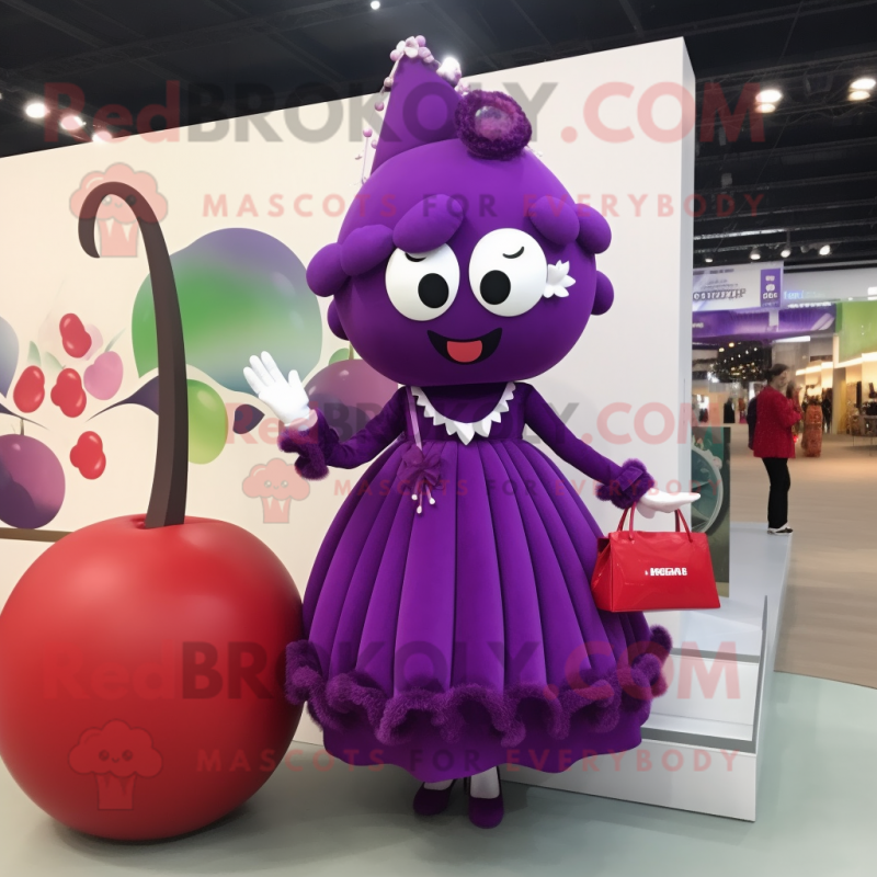 Purple Cherry mascot costume character dressed with a Ball Gown and Handbags